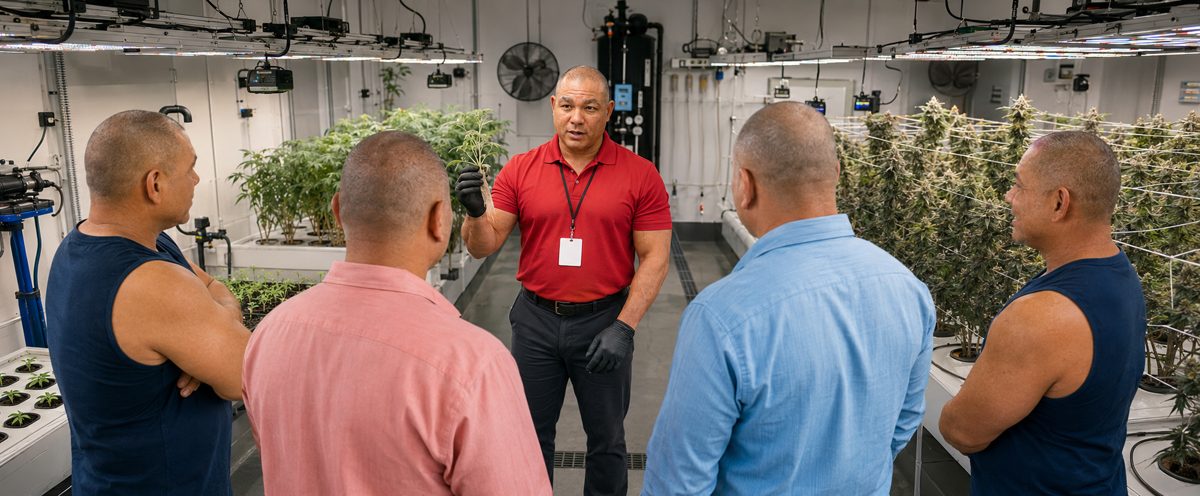 Devin Lockett training a team in the hydroponic cannabis cultivation grow